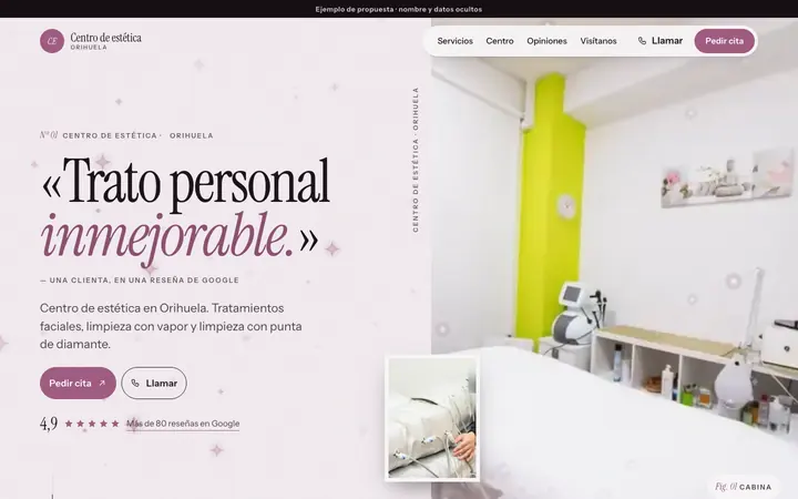 Captura de la web de centro de estética en Orihuela, en el ordenador. Nombre y datos ocultos.
