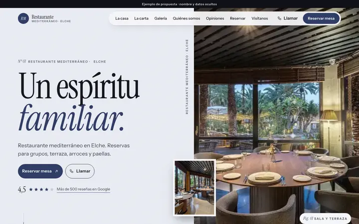 Captura de la web de restaurante en Elche, en el ordenador. Nombre y datos ocultos.